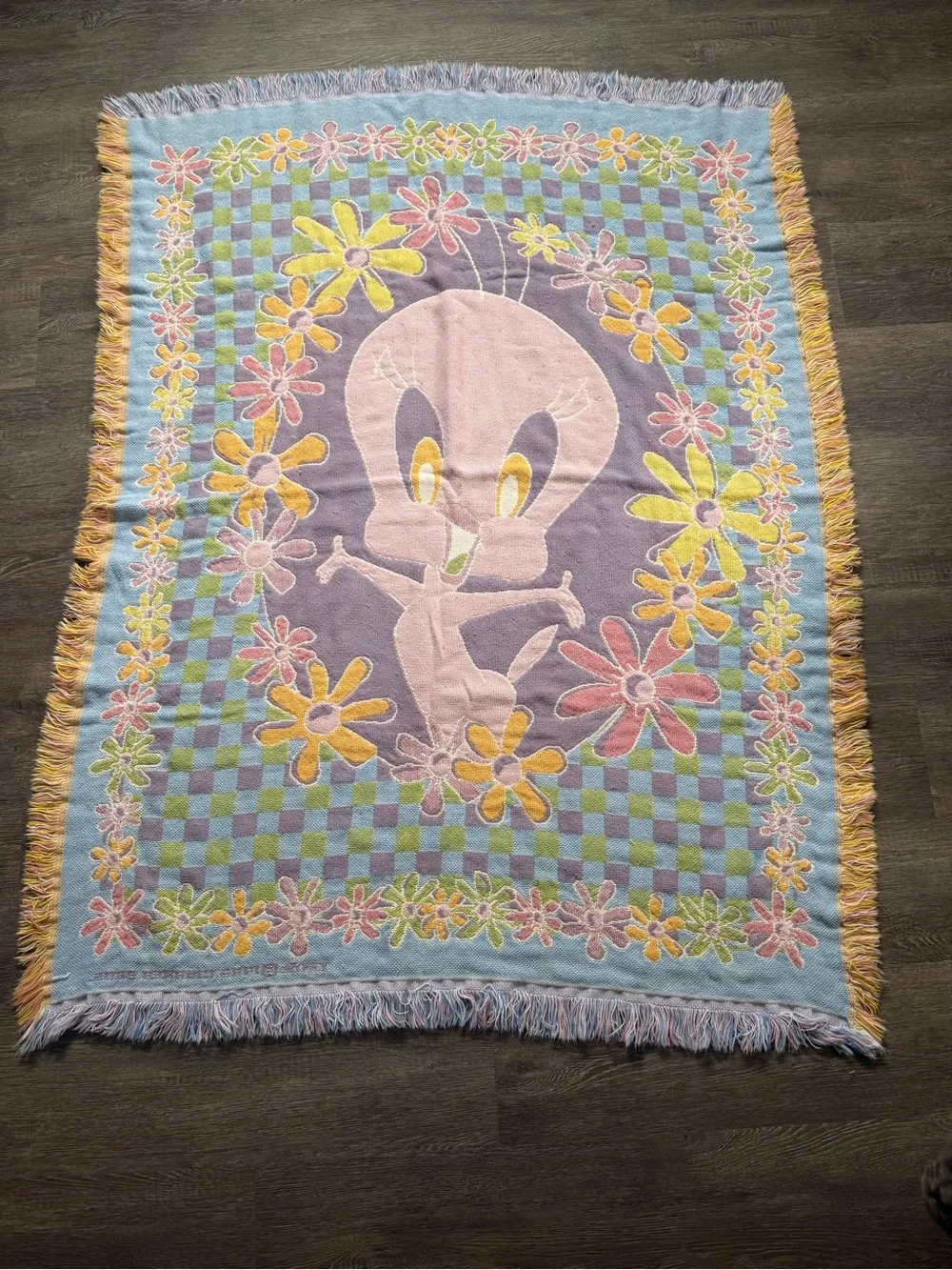 Warner Bros Tweety Bird 1996 Floral Throw Blanket - Pink, Yellow, Blue